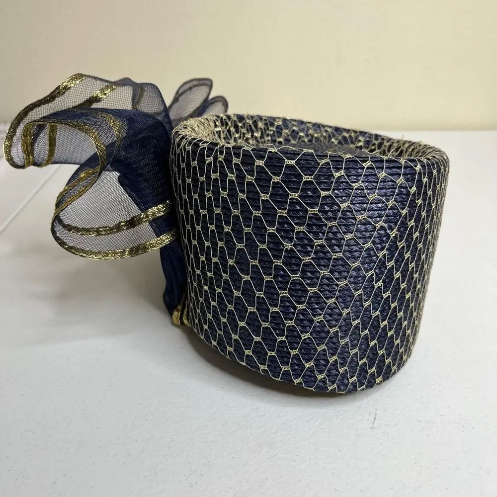 Vintage 80s Sylvia Church Lady Hat Navy Gold Metallic Mesh Netting Union Made US